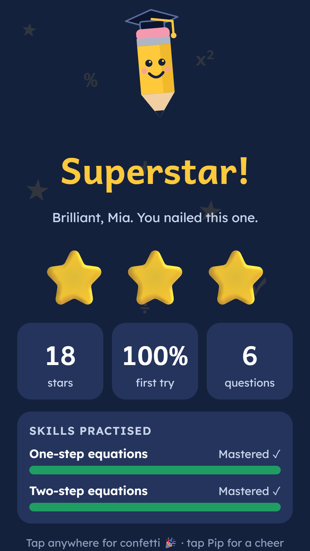 The celebration screen after a lesson